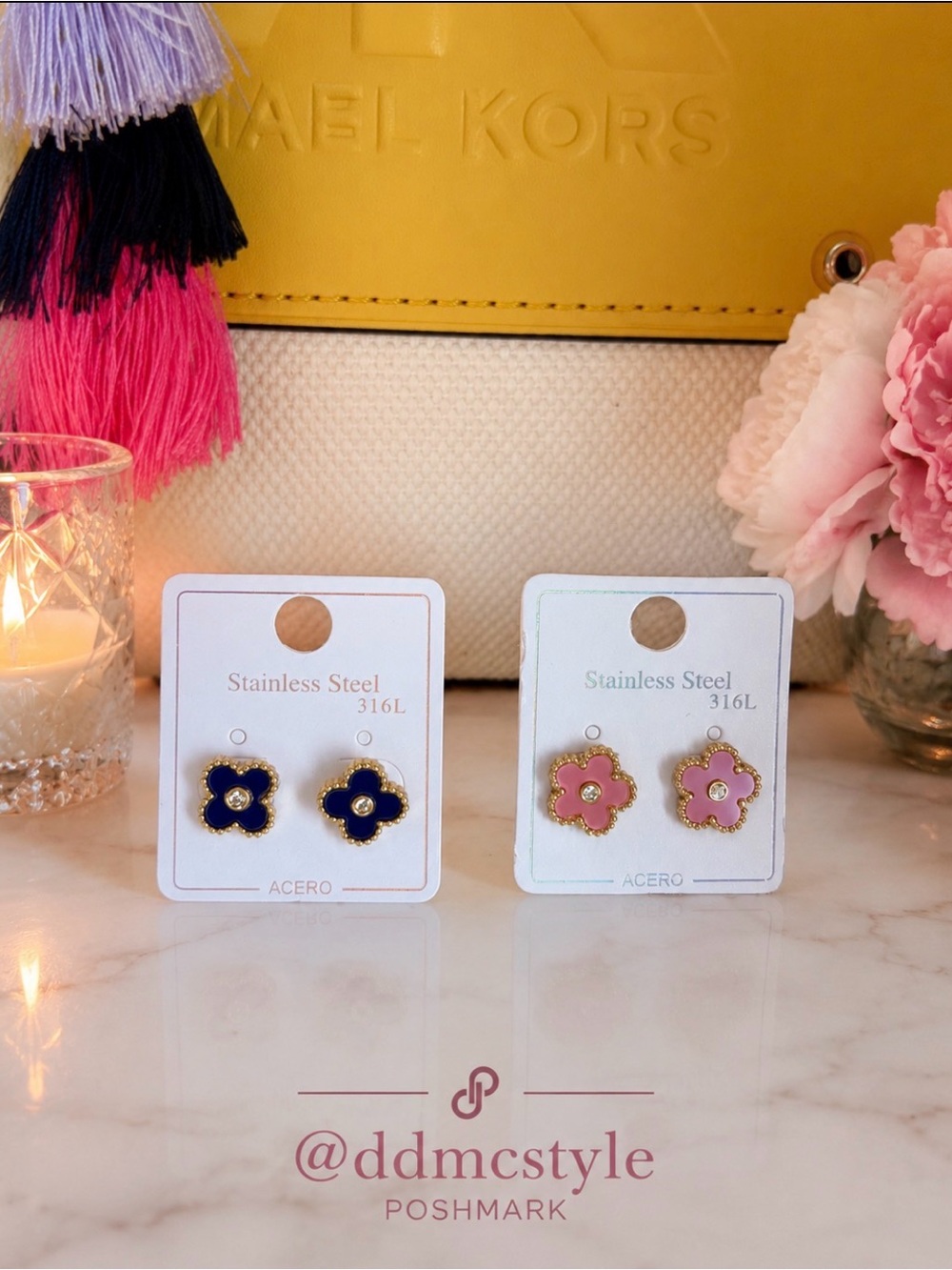 Two pairs NWT clover stud earrings for pierced ears ~ pink and blue